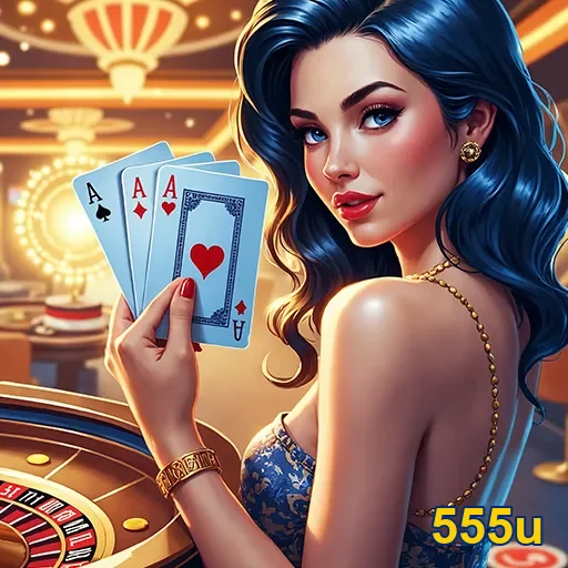 Imagem de um cassino com jogos de azar, promovendo o site 555u para apostas e entretenimento.